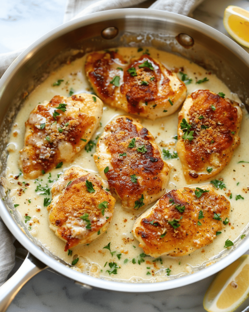 Golden seared chicken breasts in creamy garlic parmesan sauce, topped with herbs and breadcrumbs, served in a stainless steel skillet with lemon wedges