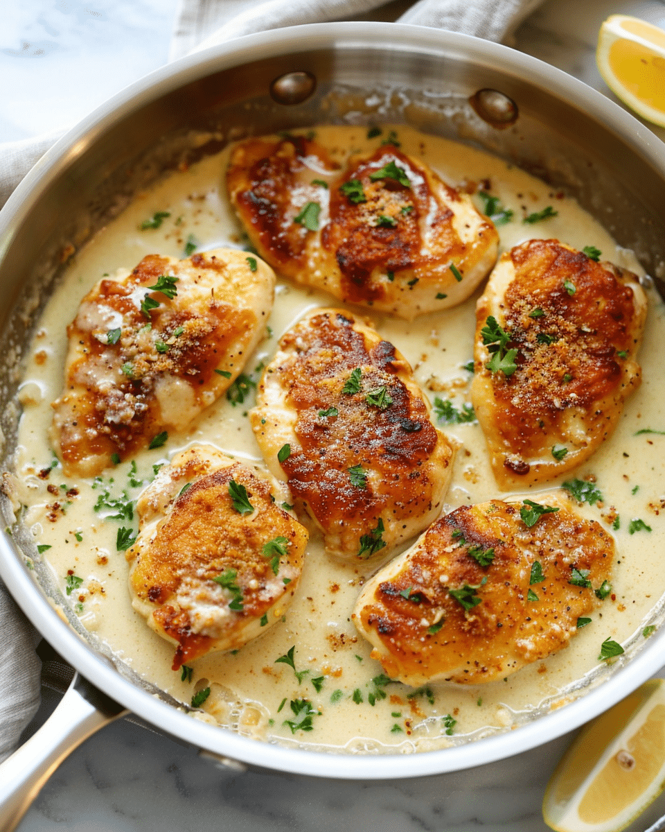 Golden seared chicken breasts in creamy garlic parmesan sauce, topped with herbs and breadcrumbs, served in a stainless steel skillet with lemon wedges