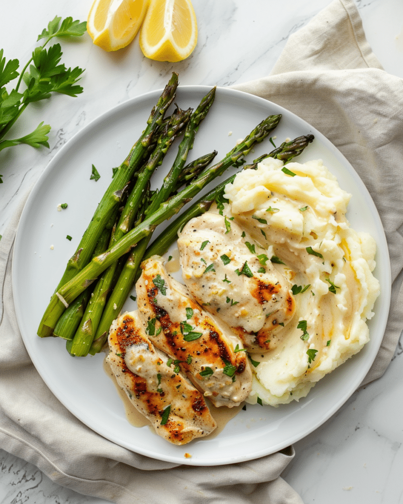 Garlic Parmesan Chicken 9 garlic parmesan chicken served with creamy mashed potatoes and roasted asparagus on a white plate, garnished with parsley and lemon slices on the side