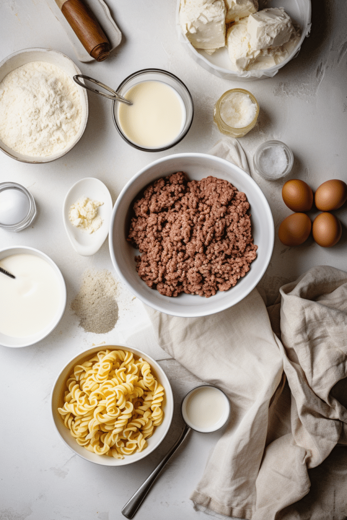 Ground Beef Stroganoff (Easy, Creamy & Ready in 30 Minutes!) 6 ground beef stroganoff ingredients including raw ground beef, rotini pasta, eggs, milk, flour, cream cheese, and seasonings on a white surface with a beige cloth.