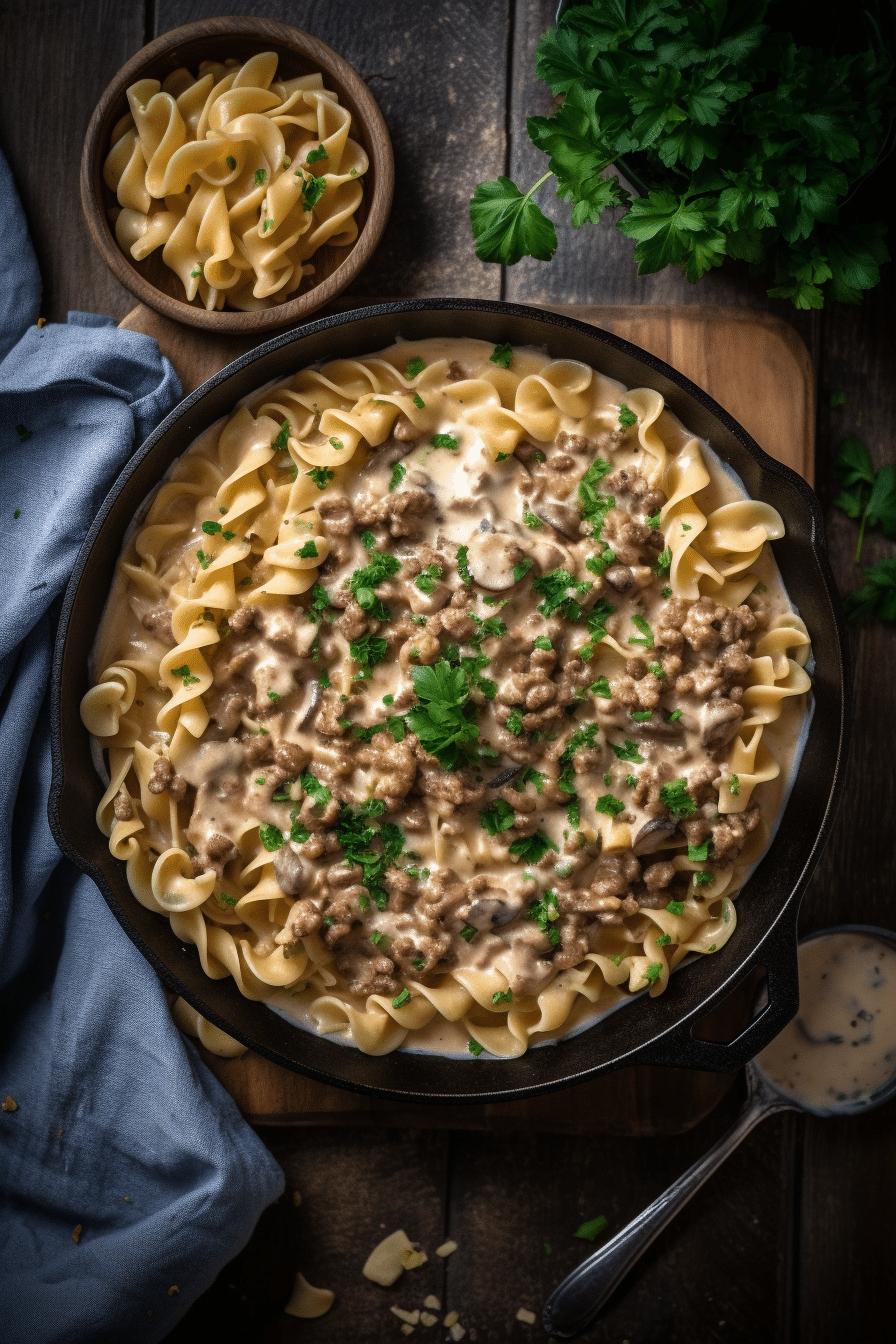 Ground Beef Stroganoff in Creamy Sauce with Egg Noodles – Overhead Skillet Shot