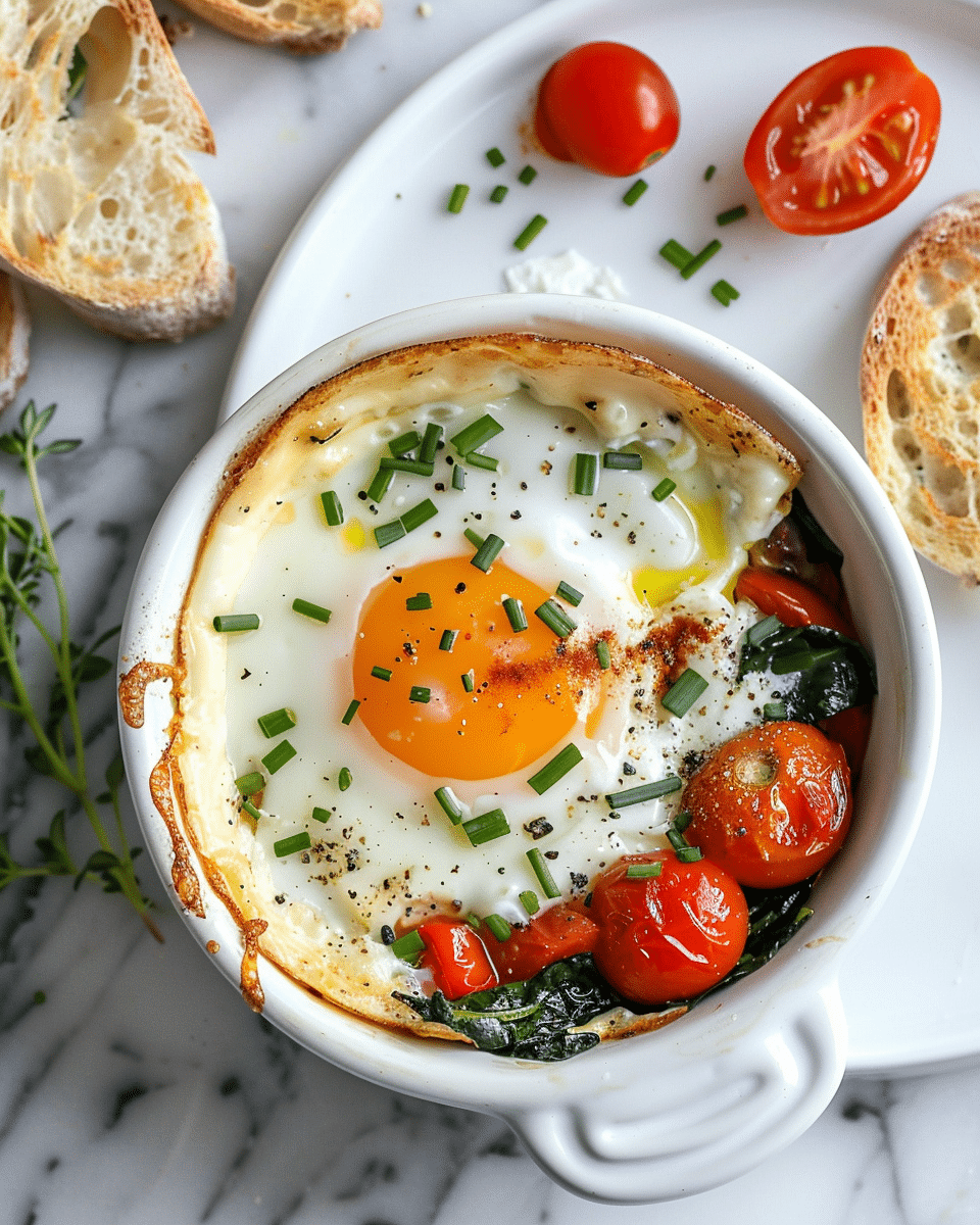 Mediterranean baked feta eggs in a white ramekin with cherry tomatoes, spinach, and a sunny-side egg, garnished with chives and served with toasted bread on a marble surface.