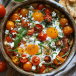 Mediterranean Baked Feta Eggs (Easy, Savory & Perfect for Brunch!) 3 Baked feta eggs in a rustic dish with cherry tomatoes, red peppers, spinach, and herbs, served warm with pita bread – a savory Mediterranean brunch recipe Mediterranean Baked Feta Eggs