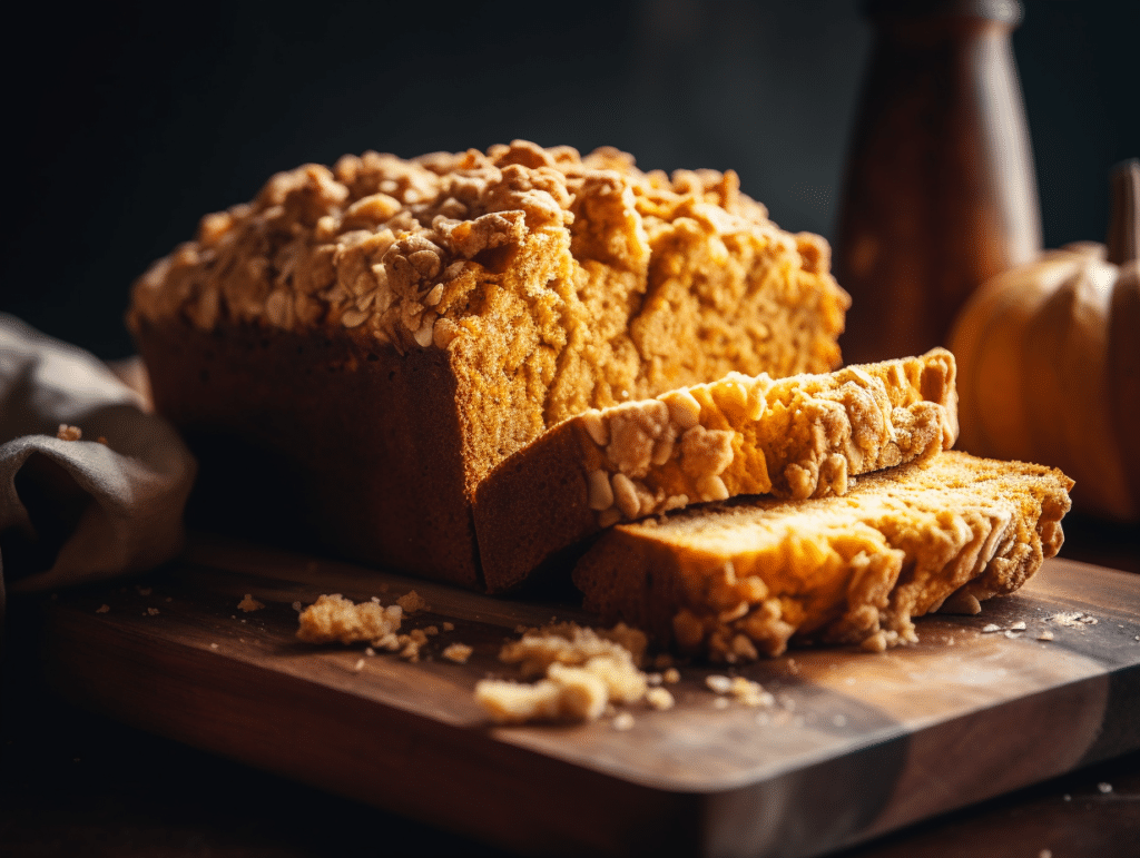 A close-up of sliced Libby’s pumpkin bread on a wooden cutting board, showing its moist orange crumb and golden crust.