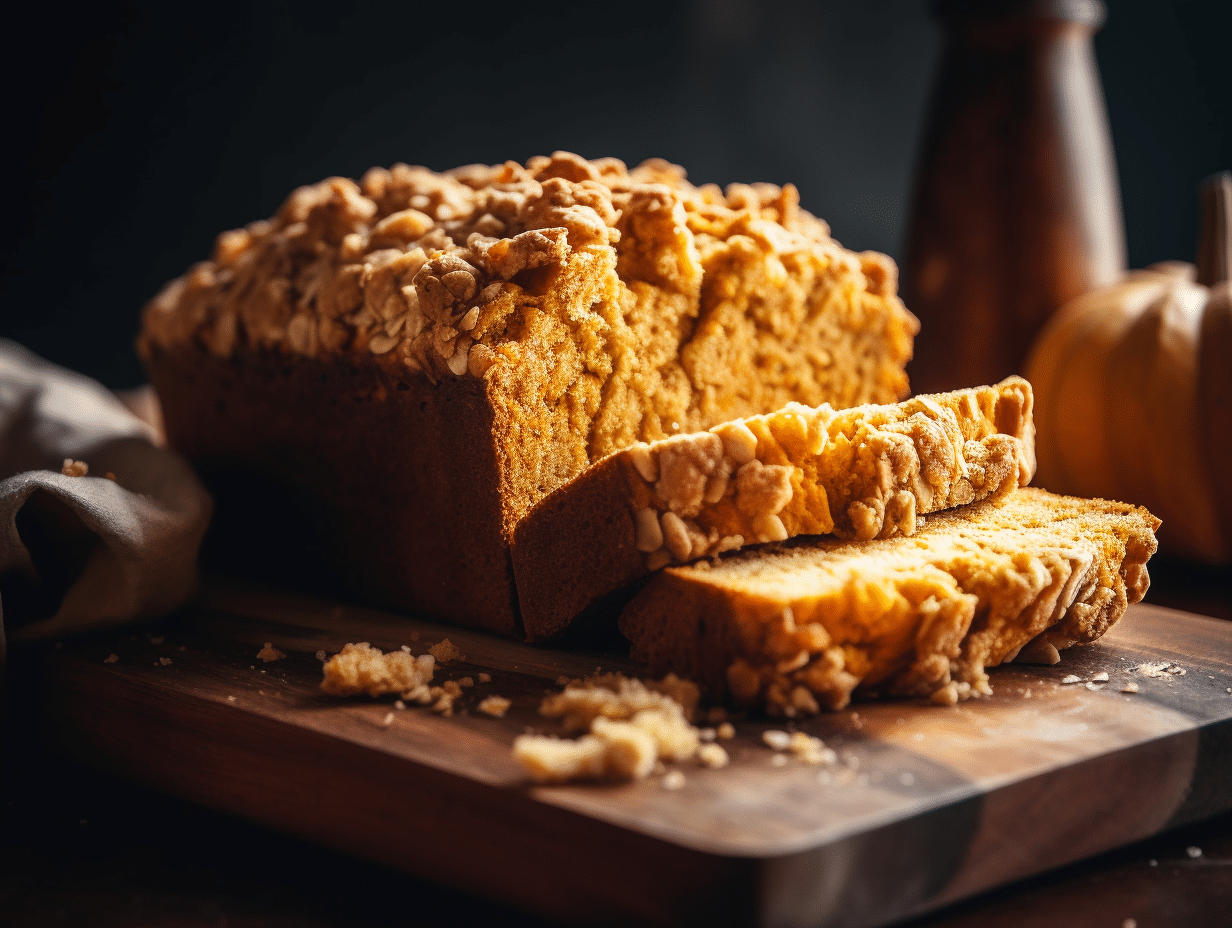 A close-up of sliced Libby’s pumpkin bread on a wooden cutting board, showing its moist orange crumb and golden crust.