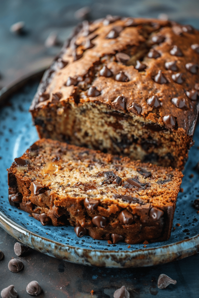Sliced chocolate chip banana bread on a blue plate with melted chocolate chips and moist texture, close-up view