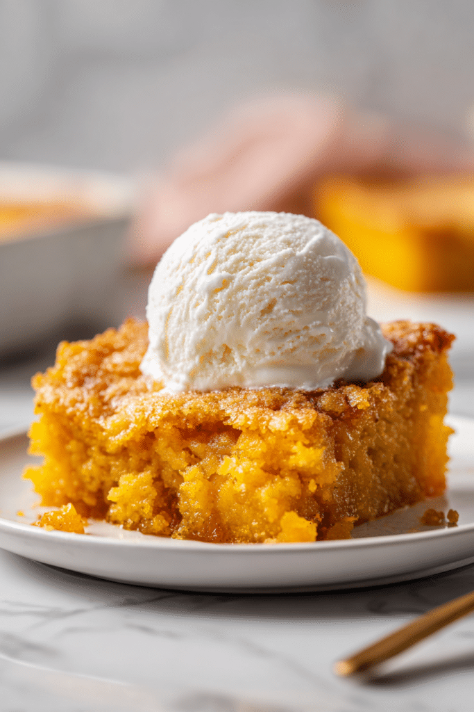 Cozy Pumpkin Cobbler Topped with Vanilla Ice Cream – Rustic Fall Treat