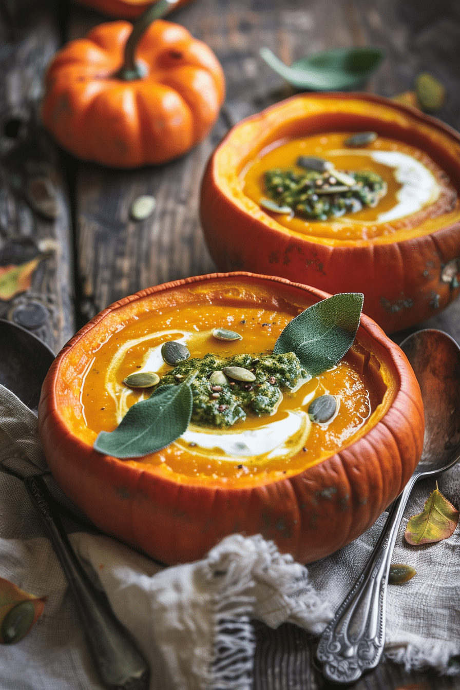 Creamy Pumpkin Soup in Mini Pumpkin Bowls – Cozy Fall Dinner Idea