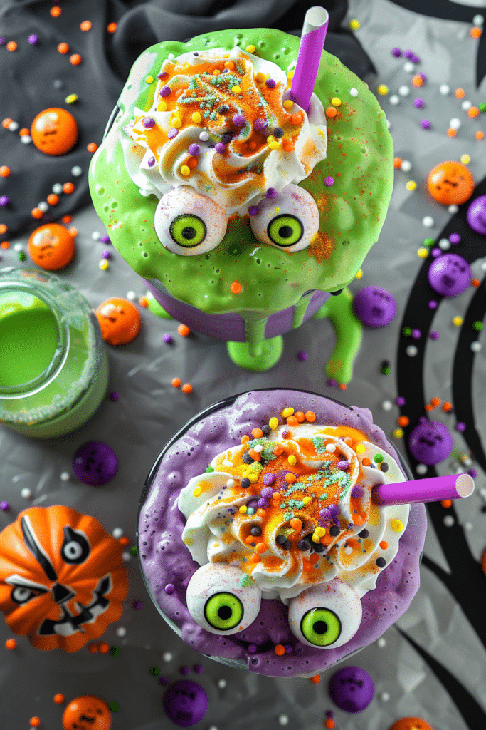 Halloween Monster Face Smoothies – Spooky, Swirled & So Much Fun 7 Creepy Cute Halloween Milkshakes with Sprinkles Slime Drip
