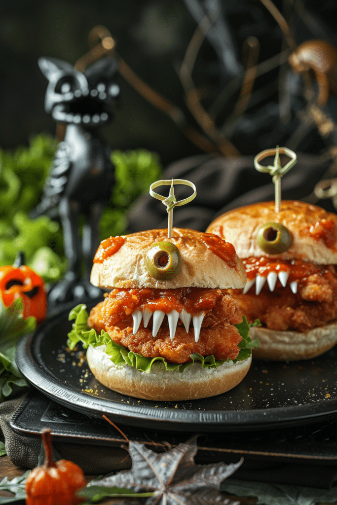 Halloween Chicken Parm Sliders (with Monster Eyes!) 5 Crispy Chicken Sliders with Monster Cheese Teeth for Halloween