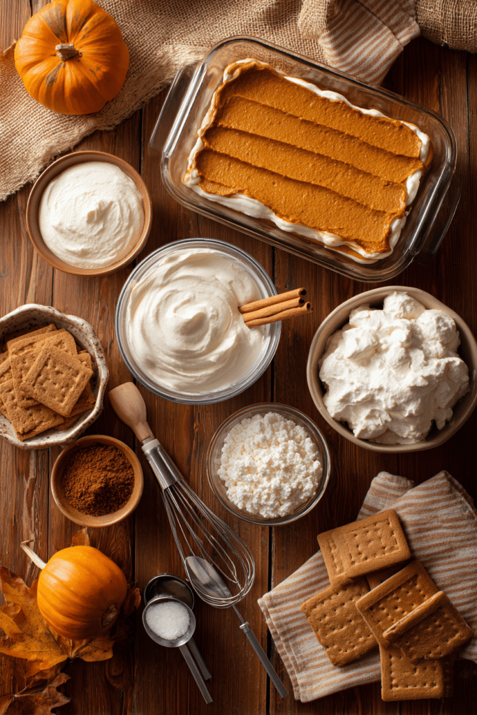Pumpkin Icebox Cake – Creamy, Spiced & No-Bake 6 Flat Lay of Pumpkin Icebox Cake Ingredients on Rustic Table