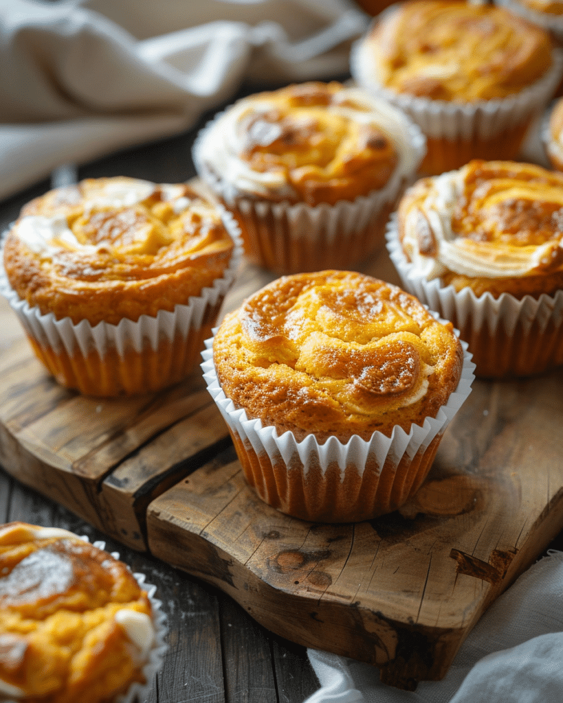 moist pumpkin cream cheese swirl muffins with golden tops and marbled cream cheese, sitting in white paper liners on a wooden cutting board.