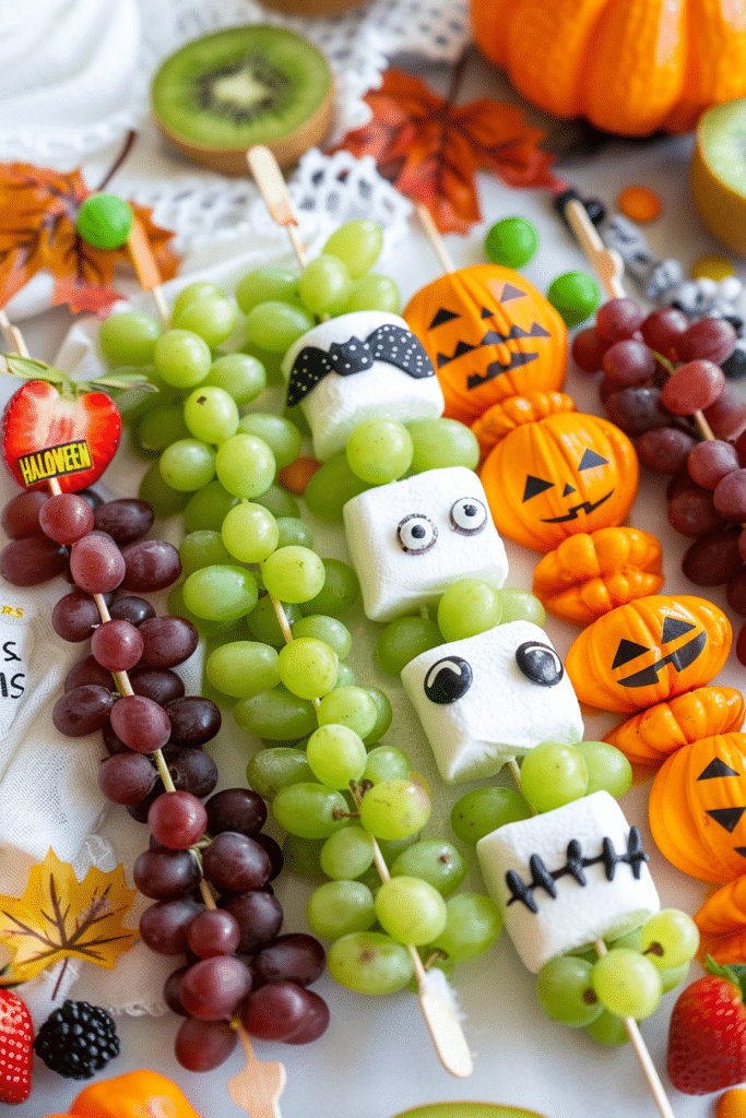 Halloween Caterpillar Fruit Skewers with Grapes Melon – Fun Healthy Party Snack for Kids