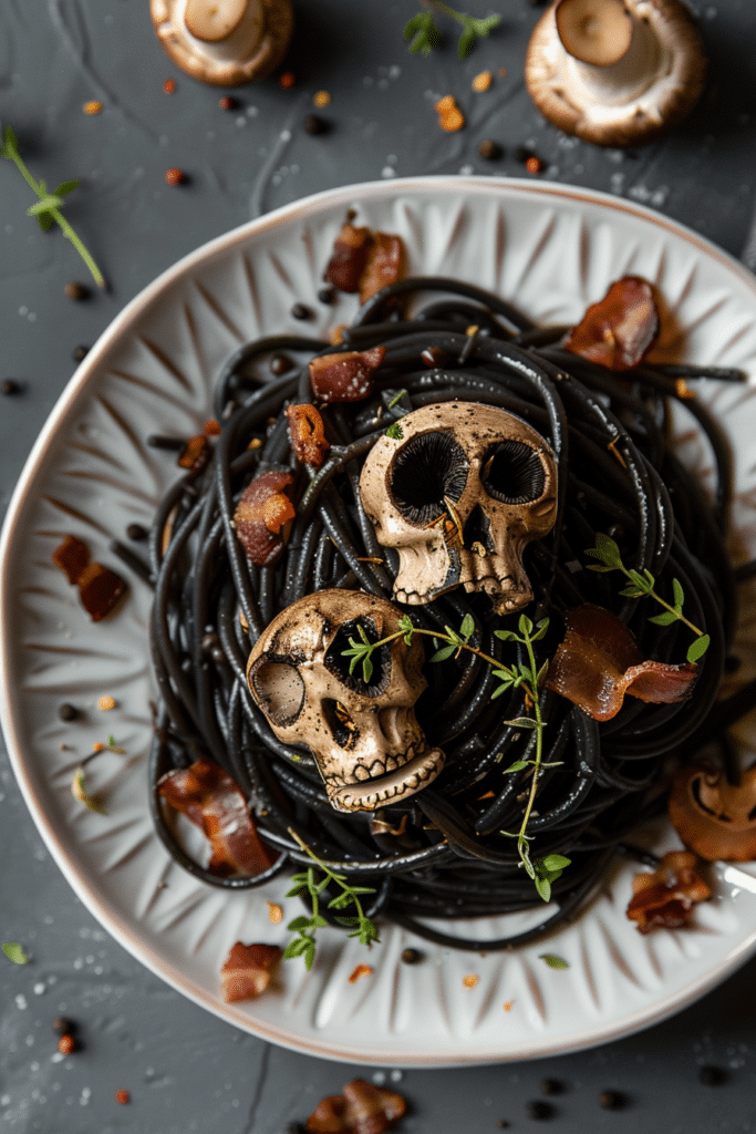 Spooky Pasta for Halloween – Creepy Fun Dinner Idea 🎃 5 Halloween Squid Ink Pasta with Mushroom Skulls Recipe