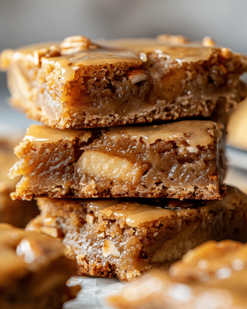 stacked maple glazed apple blondies with a shiny maple topping, soft texture, and chunks of apple and nuts, placed on parchment paper