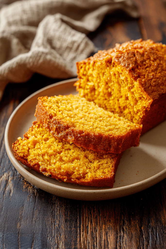 Moist Pumpkin Bread Slice on Rustic Plate – Cozy Fall Loaf Image