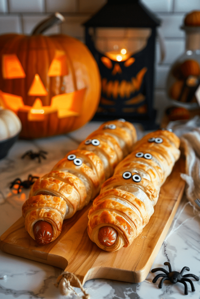 Mummy Hotdogs – Easy & Spooky Halloween Snack for Kids and Parties 6 Puff Pastry Wrapped Mummy Hot Dogs – Cute Halloween Party Food