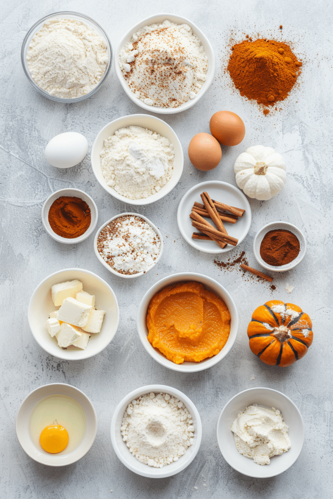 Pumpkin Cream Cheese Swirl Muffins 6 labeled baking ingredients for pumpkin cream cheese swirl muffins, including flour, pumpkin puree, brown sugar, white sugar, eggs, vegetable oil, cream cheese, spices, and a white pumpkin, arranged on a gray surface.