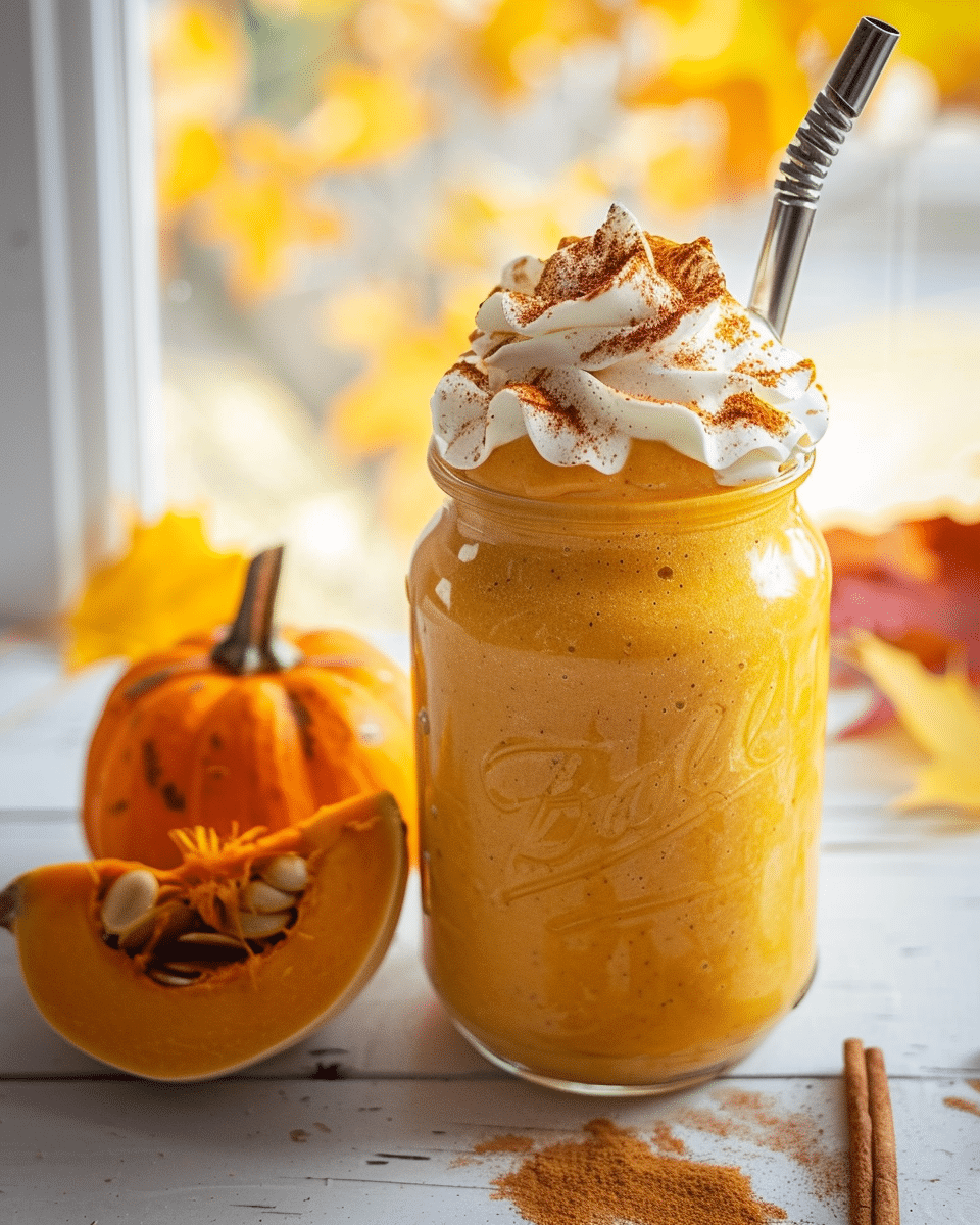 Pumpkin Smoothie with Whipped Cream and Fresh Pumpkin Slice