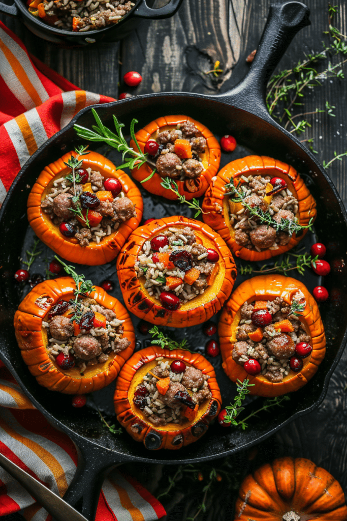 Halloween Sausage – Spooky, Savory & Perfect for Parties 🎃 8 Savory Stuffed Mini Pumpkins with Sausage Wild Rice – Perfect for Autumn Gatherings