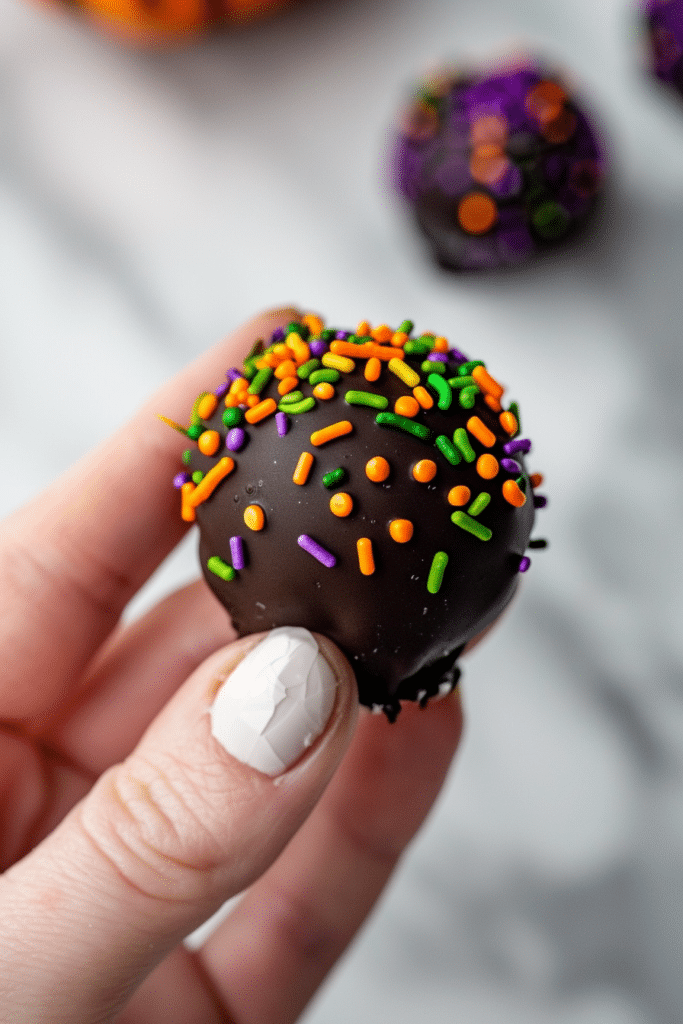 Pumpkin Oreo Balls – Easy No-Bake Halloween Treats 5 Single Pumpkin Oreo Ball with Halloween Sprinkles – Fun Festive Bite Sized Treat