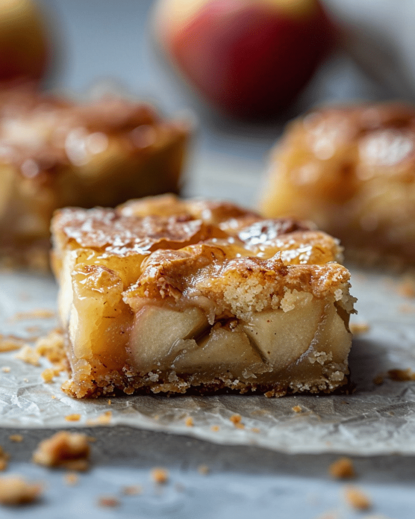 Maple Glazed Apple Blondies 5 soft maple glazed apple blondies with visible apple chunks and a golden crust, sitting on parchment paper with red apples blurred in the background
