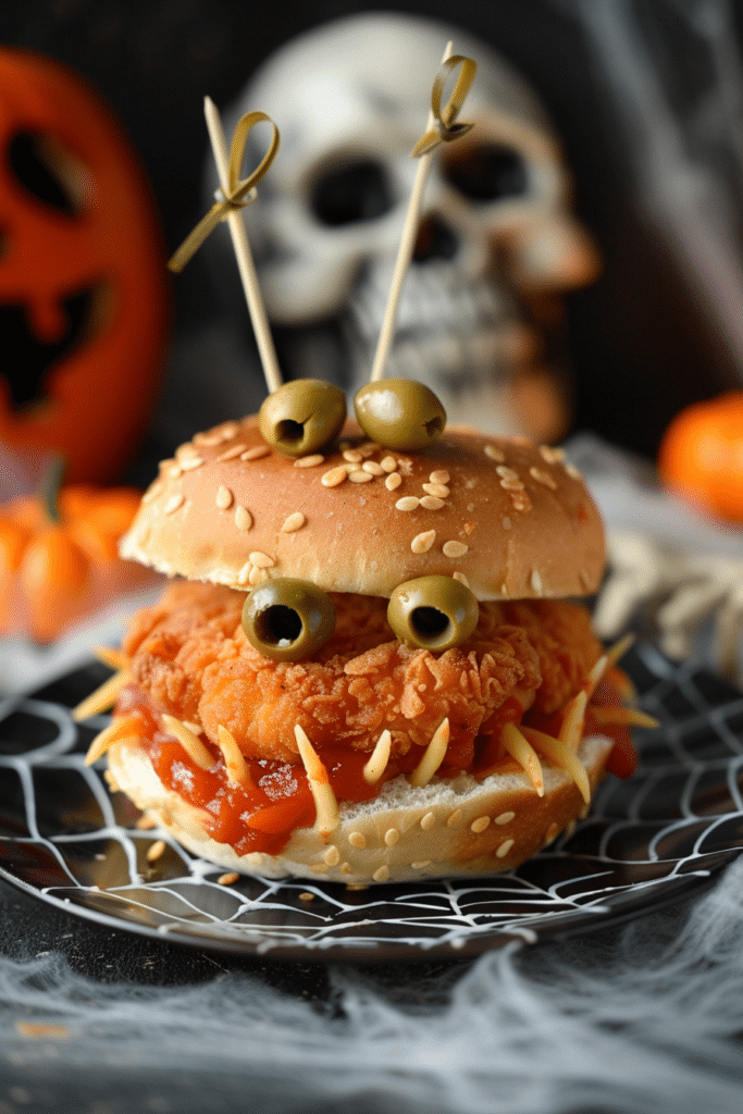 Spooky Halloween Chicken Sliders with Monster Teeth and Olive Eyes