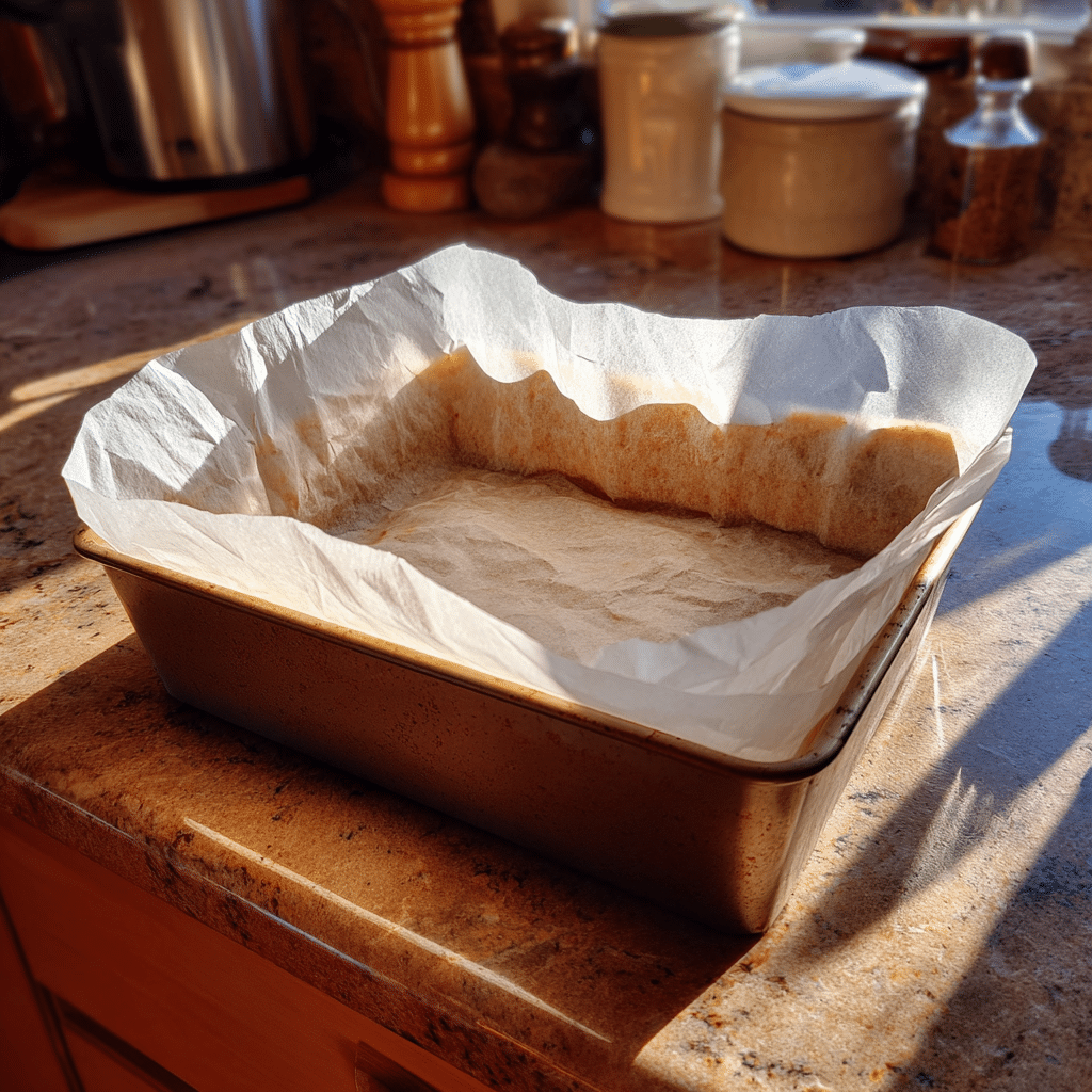Cinnamon Sugar Blondies – Soft, Buttery, and Cinnamon-Kissed Treats 6 lined 9x9 baking pan on kitchen counter – cinnamon sugar blondies prep 1