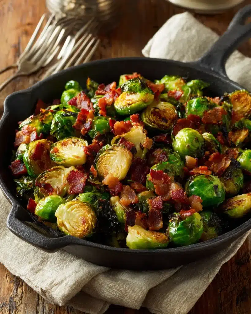 Crispy bacon Brussels sprouts in a skillet with golden caramelized edges