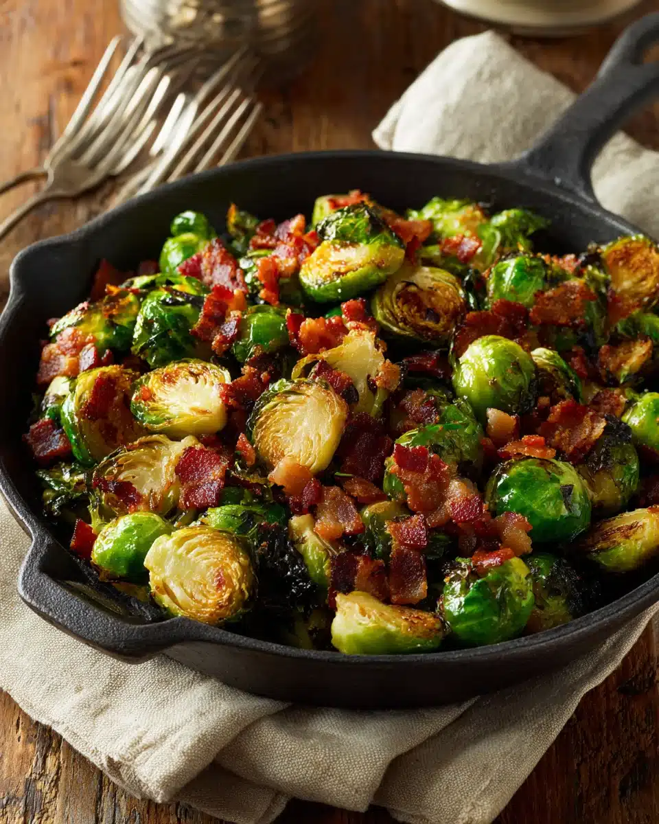 Crispy bacon Brussels sprouts in a skillet with golden caramelized edges