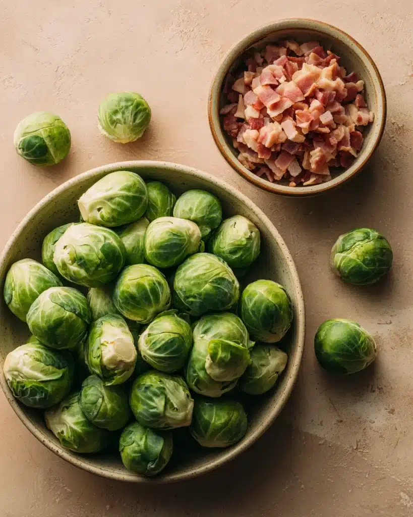 Raw Brussels sprouts and chopped bacon on stone surface for keto side dish