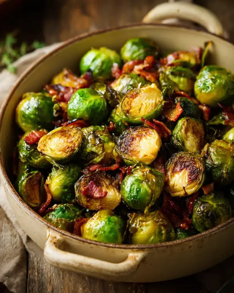 Skillet of crispy bacon Brussels sprouts with golden caramelized edges