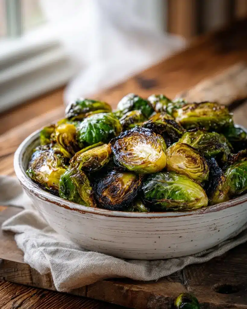 Crispy roasted Brussels sprouts with balsamic glaze in a white ceramic bowl