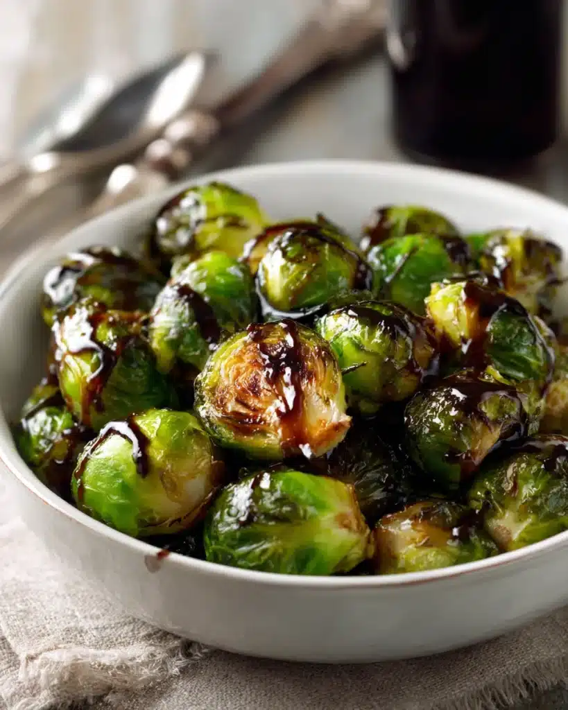 Balsamic glazed Brussels sprouts in a white dish, close-up