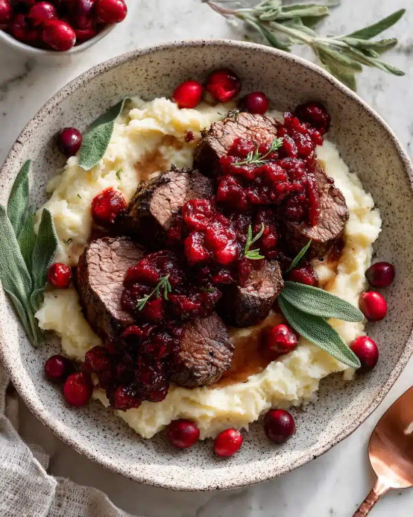 Sliced beef tenderloin with red wine cranberry sauce and mashed potatoes