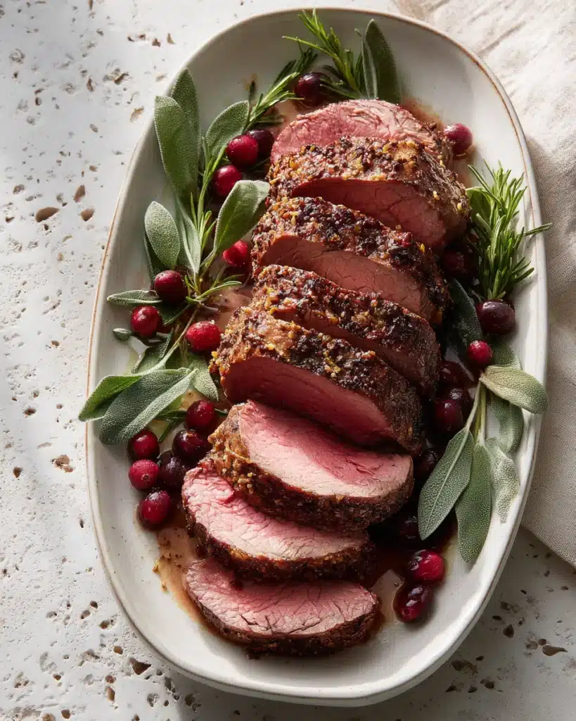 Sliced beef tenderloin with crispy crust and red wine cranberry garnish on white plate