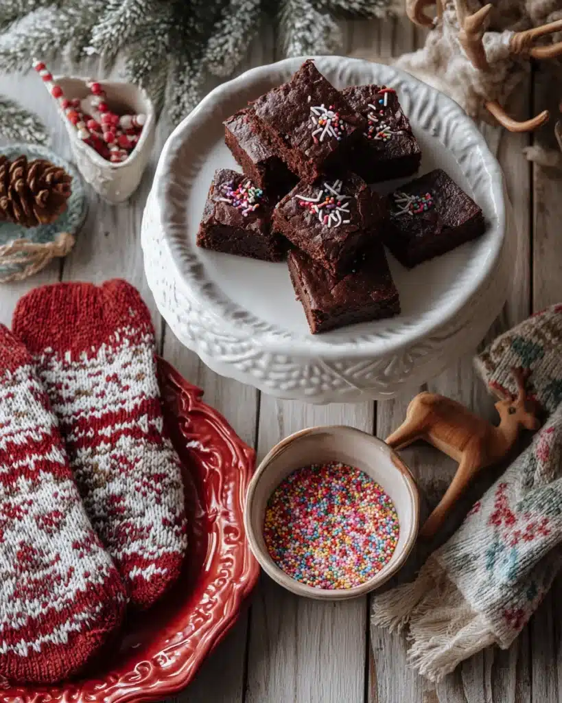 Christmas brownies on cake stand with sprinkles, mittens, and wooden reindeer