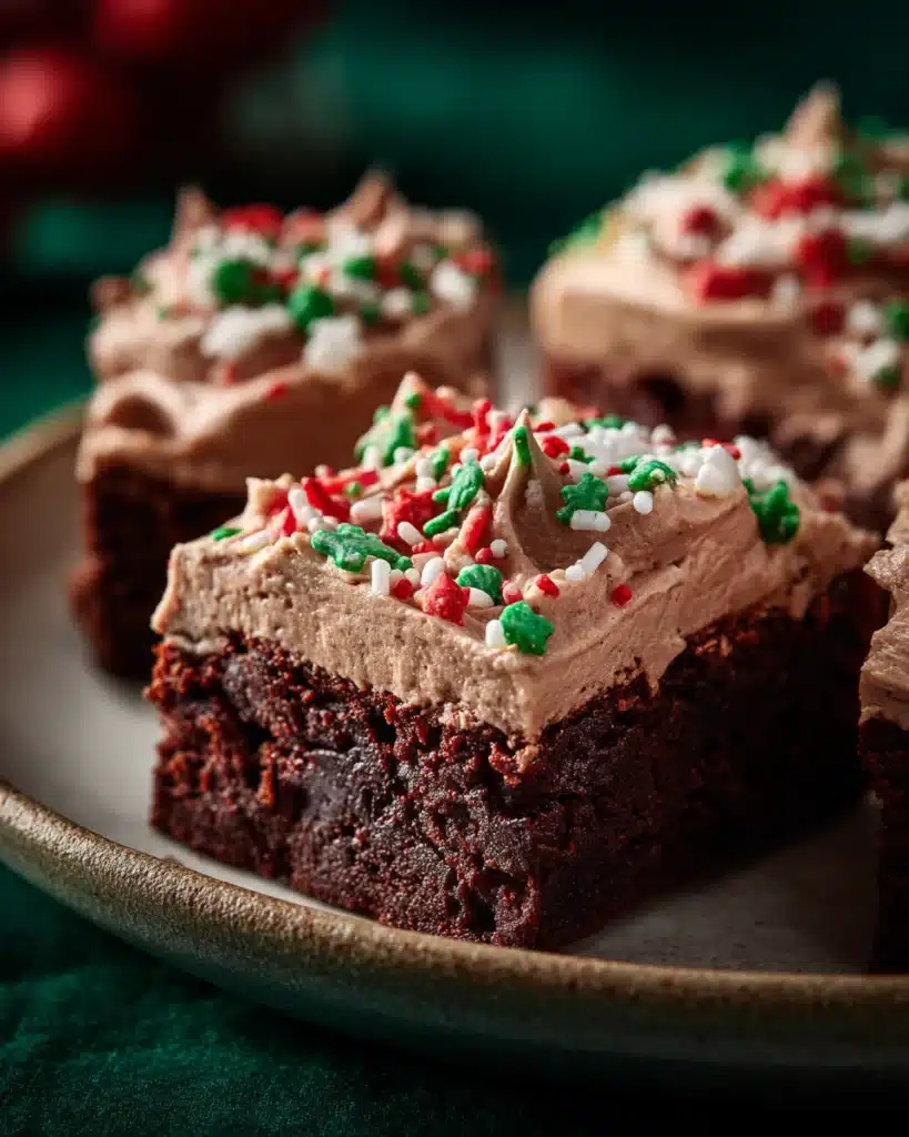 Festive chocolate frosted Christmas brownies with colorful sprinkles on a plate