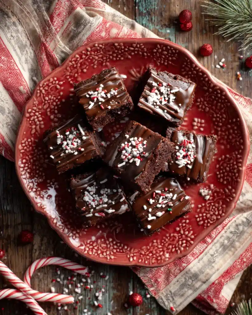 Chocolate frosted Christmas brownies on red plate with festive sprinkles
