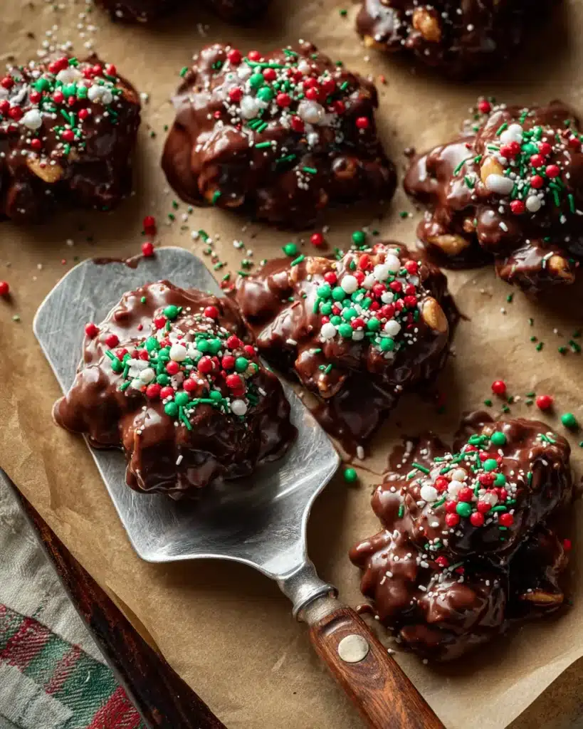Scooping Christmas Crock Pot Candy off parchment with a spatula