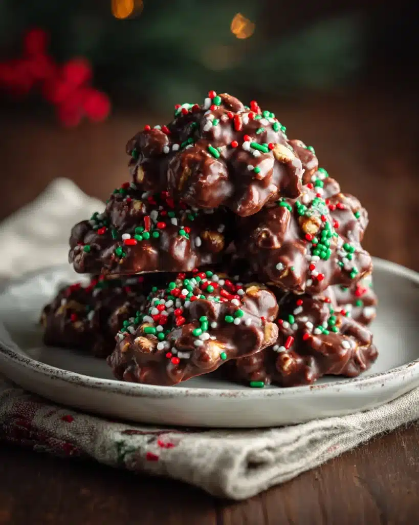 Stacked Christmas Crock Pot Candy with peanuts and festive sprinkles