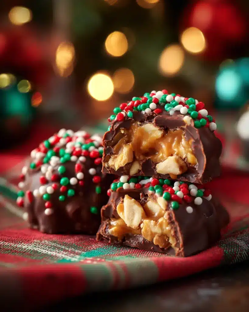 Bite taken out of Christmas Crock Pot Candy cluster with peanuts and sprinkles