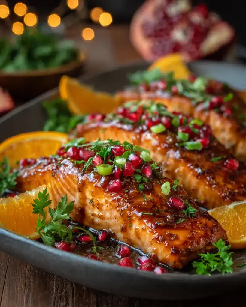 Baked Christmas salmon with pomegranate glaze, orange slices, and festive herb garnish