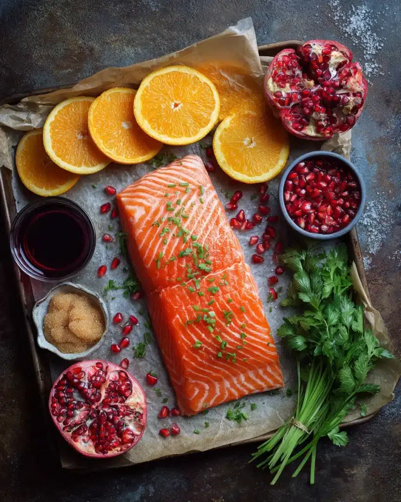 Christmas Salmon with Pomegranate Glaze 2 Raw Christmas salmon fillet with fresh glaze ingredients on rustic wood
