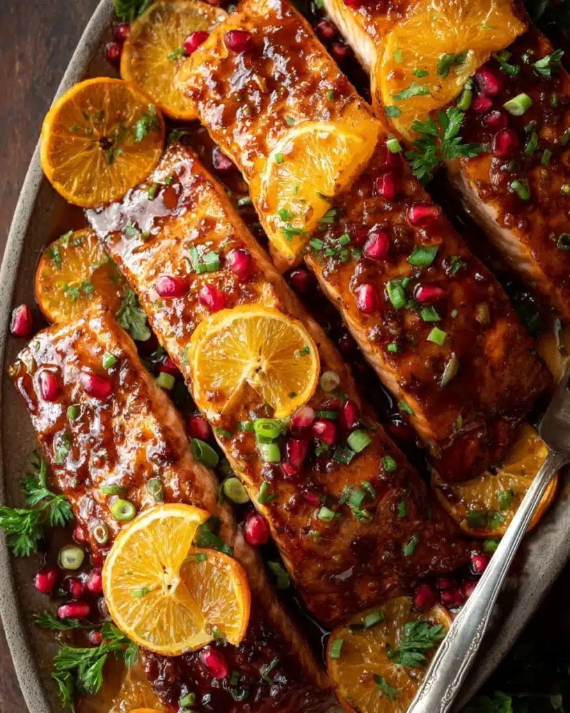 Christmas Salmon with Pomegranate Glaze 3 Flaky Christmas salmon with pomegranate glaze and citrus being served