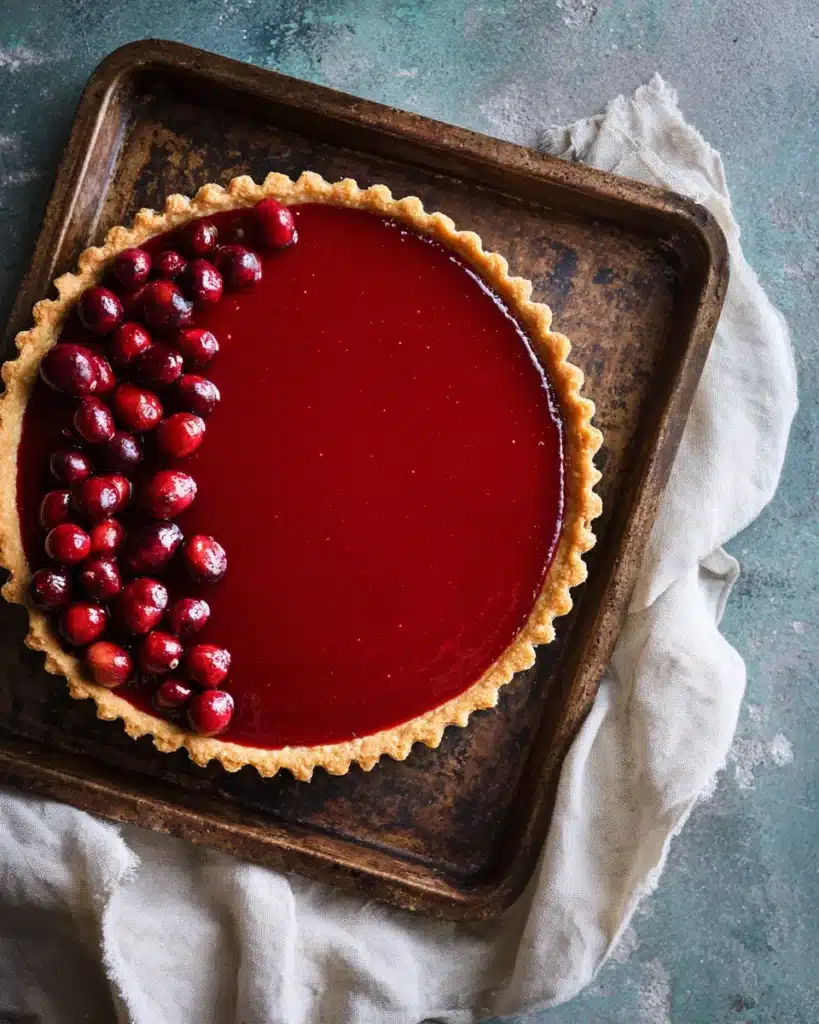 Glossy cranberry-orange curd tart in a rustic baking tray