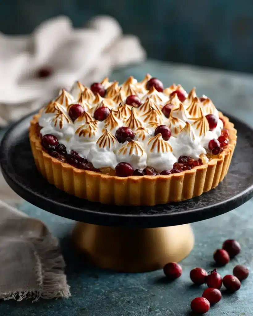 Cranberry-orange curd tart with toasted meringue on black stand