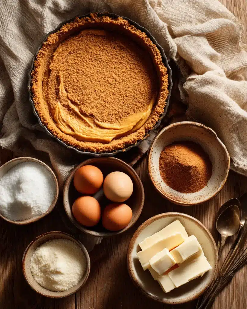 Ingredients for easy pumpkin pie cheesecake including cream cheese, crust, pumpkin puree, and eggs