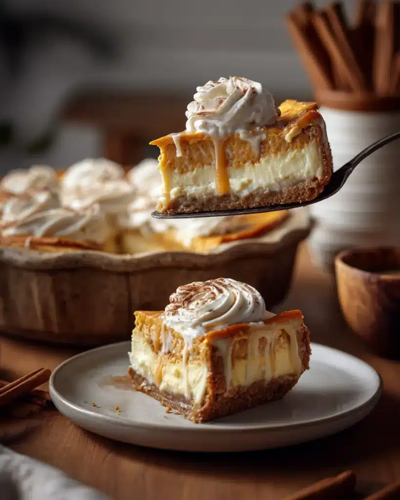 Slice of easy pumpkin pie cheesecake being served from whole pie