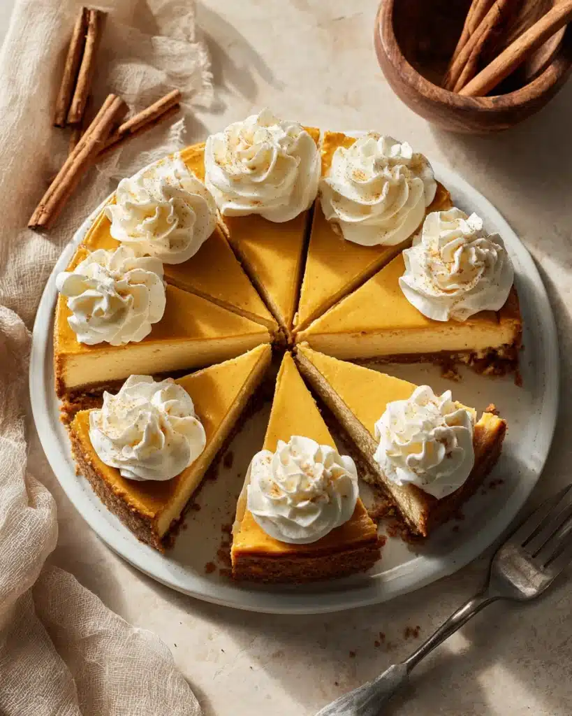 Overhead view of sliced easy pumpkin pie cheesecake with whipped cream